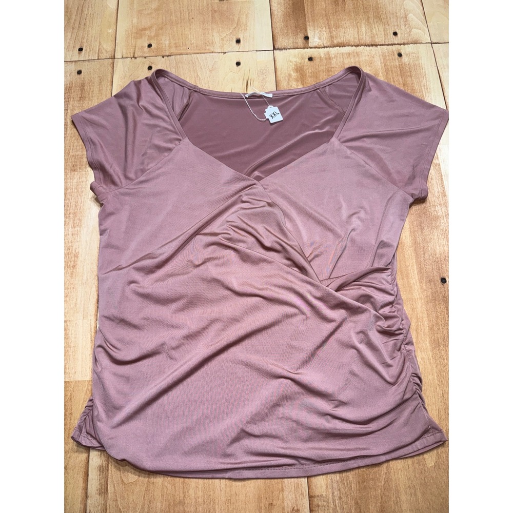 Edgly Women's Mauve/Brownish Ruched‎ V Neck Short Sleeve Top Plus Size XXL